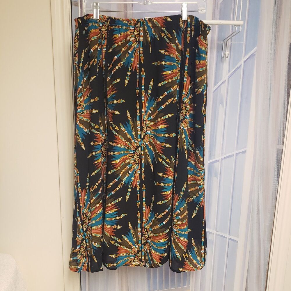 Bob Mackie Black & Tribal Print Full Maxi Skirt Size 1X Stretchy Slip On Cowgirl